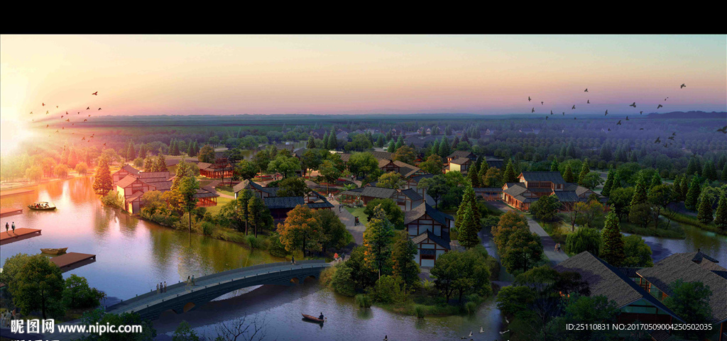 黄昏河道景观水生植物古建效果图