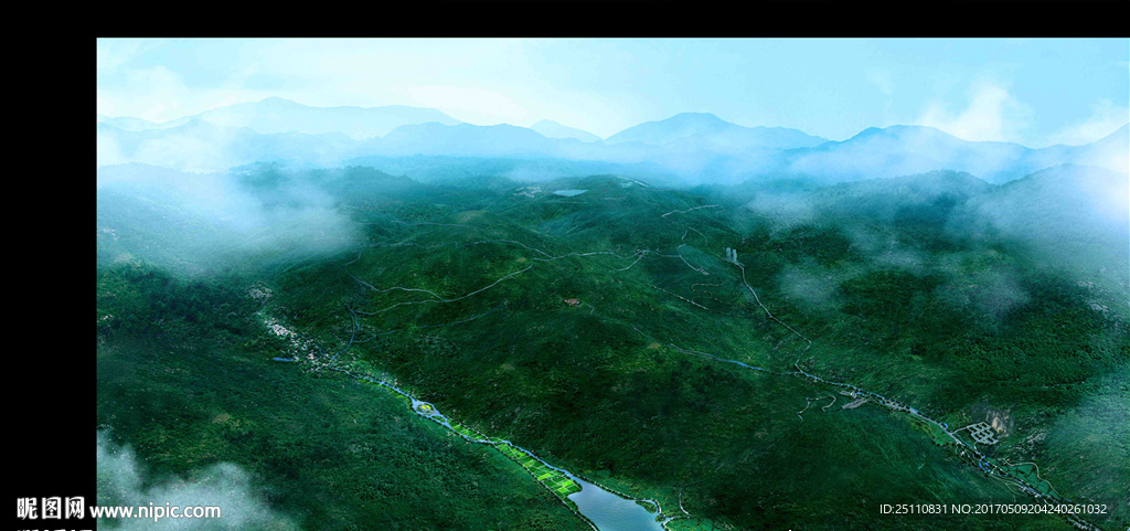 鸟瞰峡谷雾气河道水景景观效果图