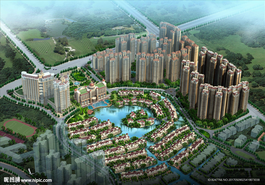 高层住宅区鸟瞰建筑效果图