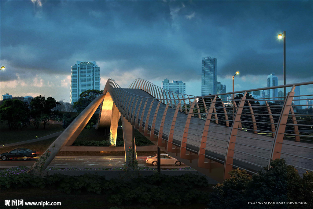 钢丝木条桥夜景景观效果图