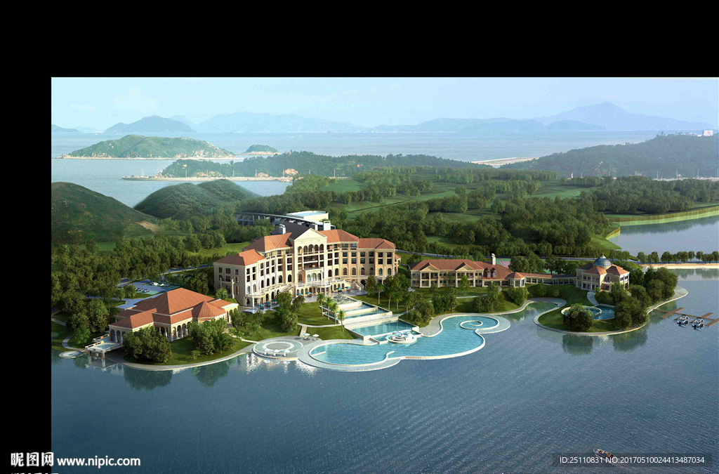 欧式建筑鸟瞰小岛旅游风景区图