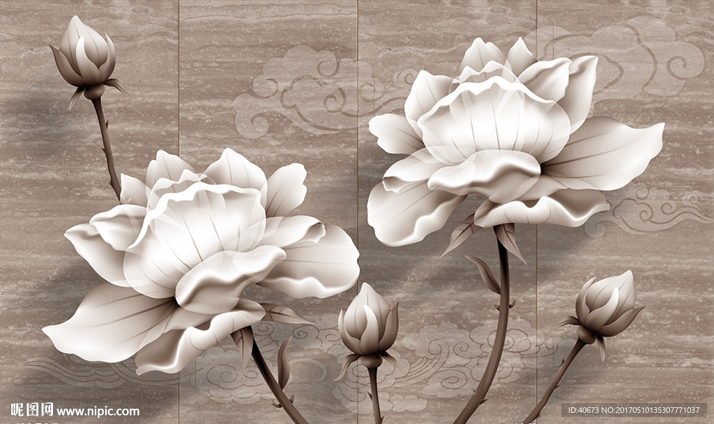 3D立体玫瑰花浮雕大理石背景墙