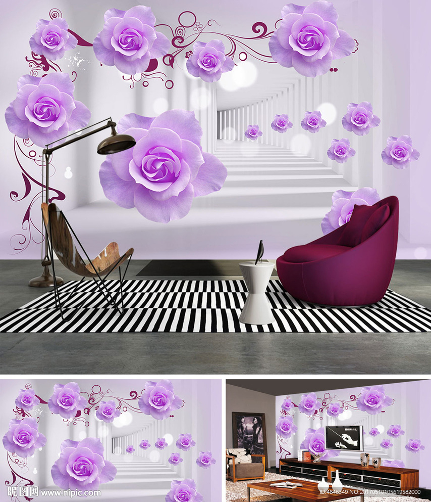 粉色玫瑰浪漫花朵3D背景墙