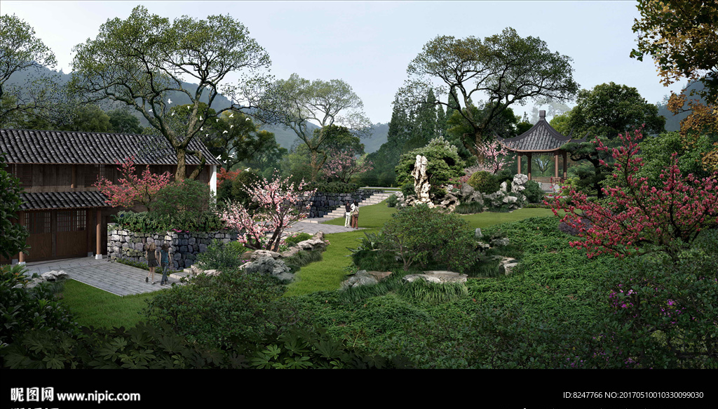 山中寺院凉亭景观效果图