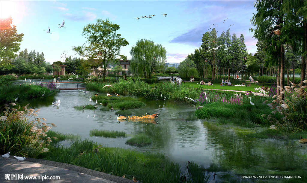 白天湿地公园凉亭景观效果图