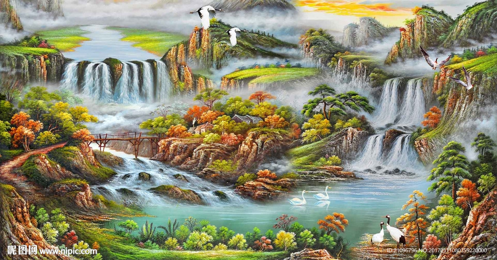油画山水风景背景墙