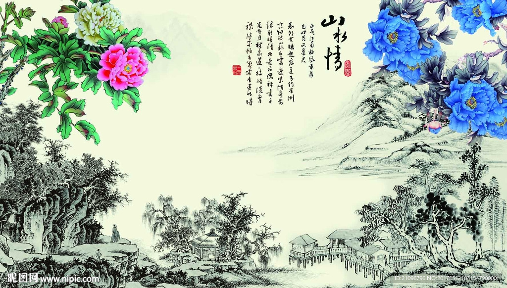 国画花鸟背景墙