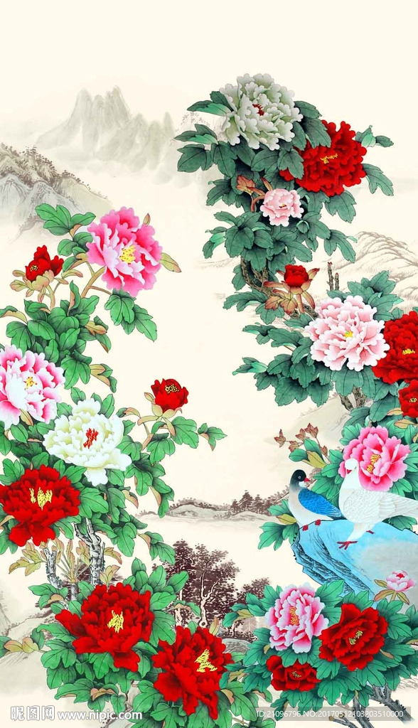 牡丹玄关背景墙