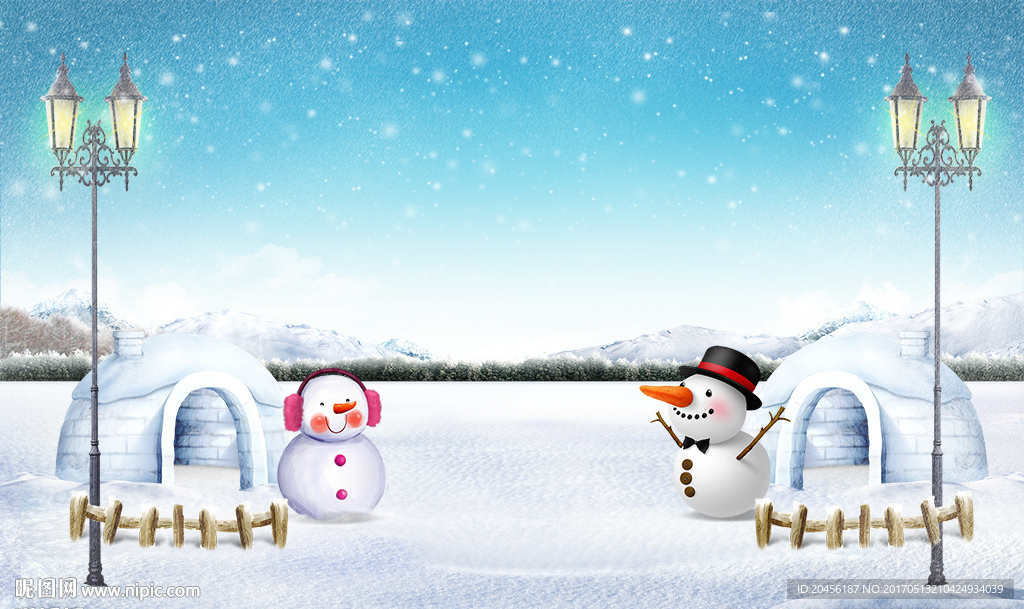 3D雪中情侣雪人背景墙