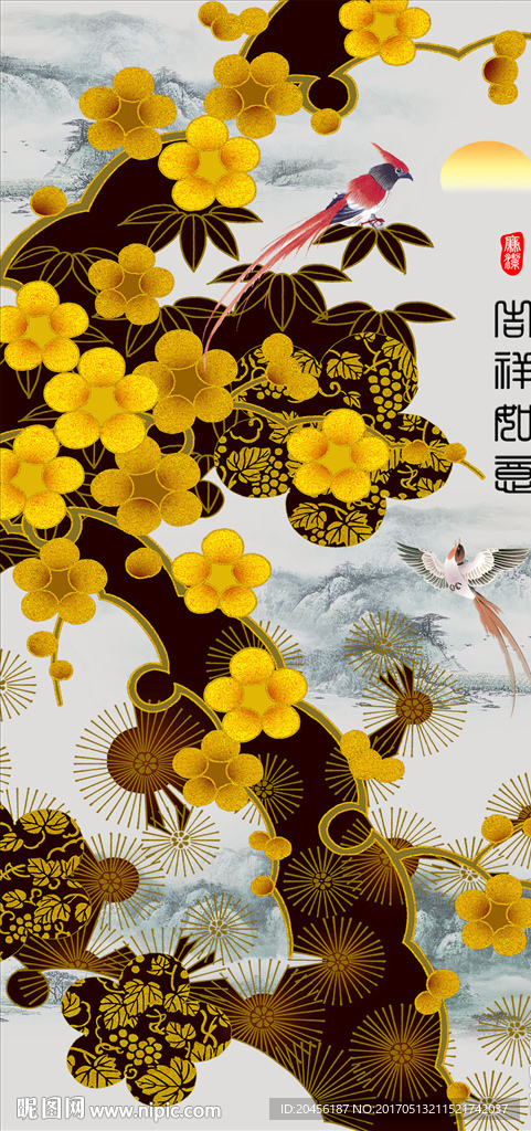 中式黄色花背景墙