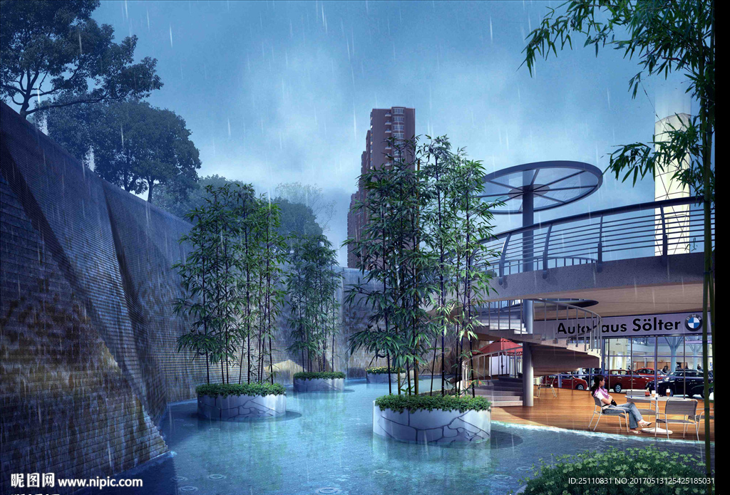 雨景夜景休闲商业街图