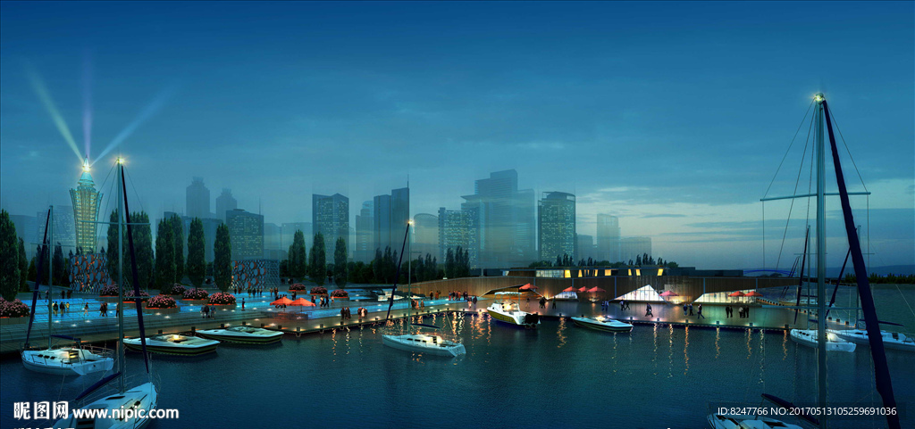 港口水上餐厅夜景建筑效果图