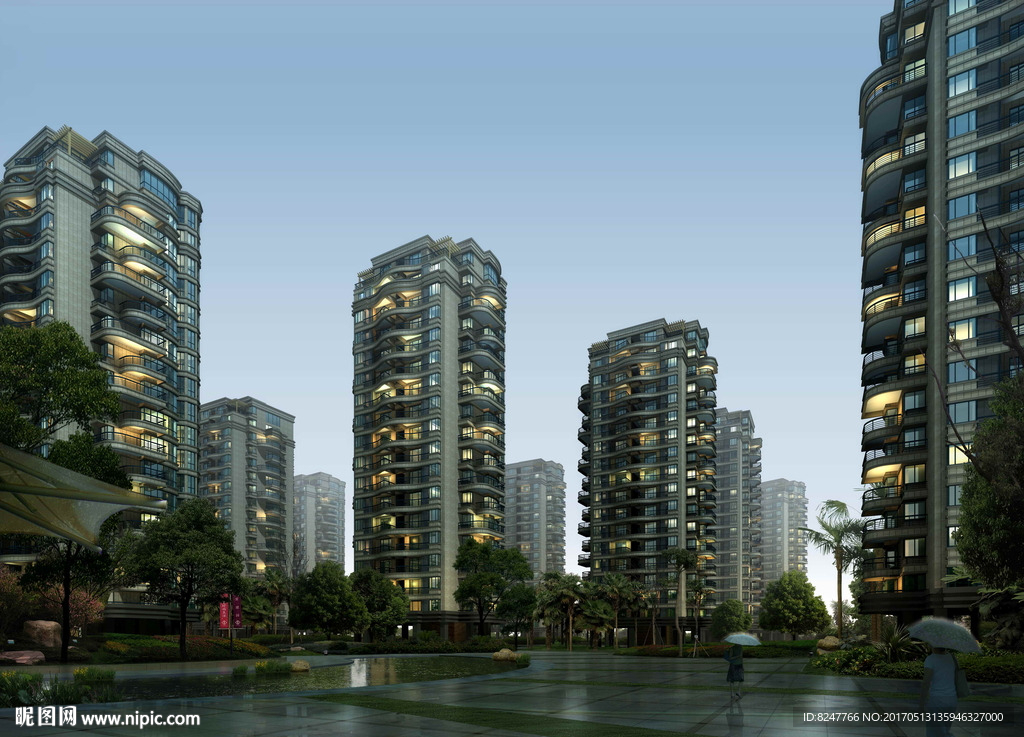 住宅区内庭夜景建筑效果图
