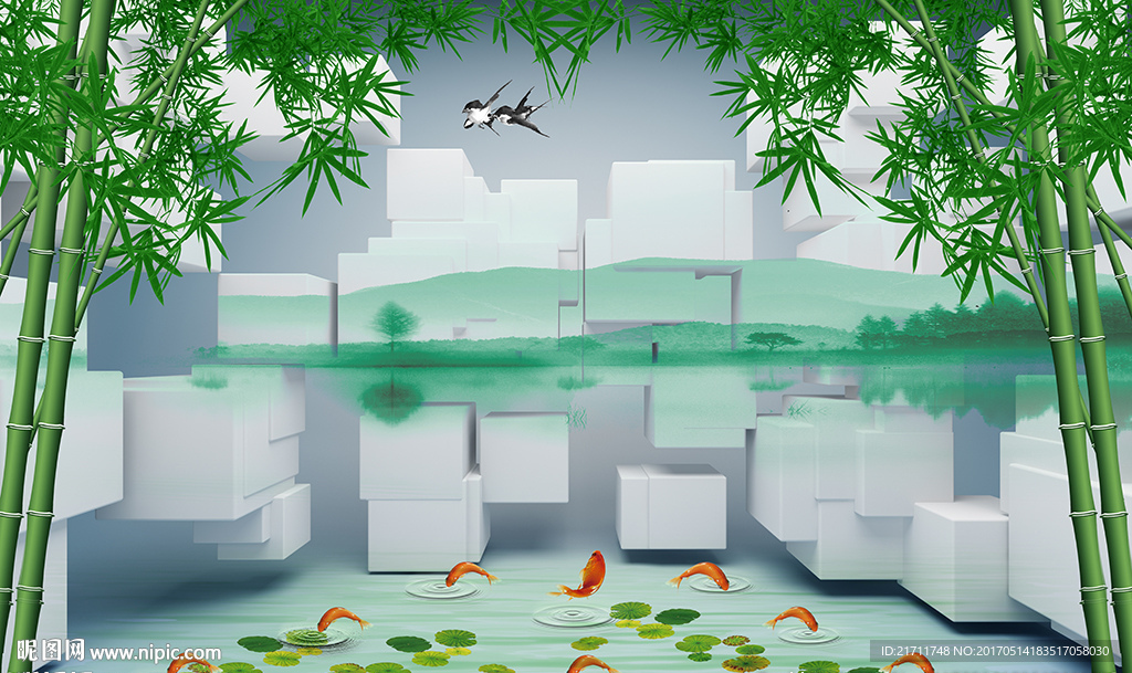 中式山水现代竹子3D砖墙背景墙
