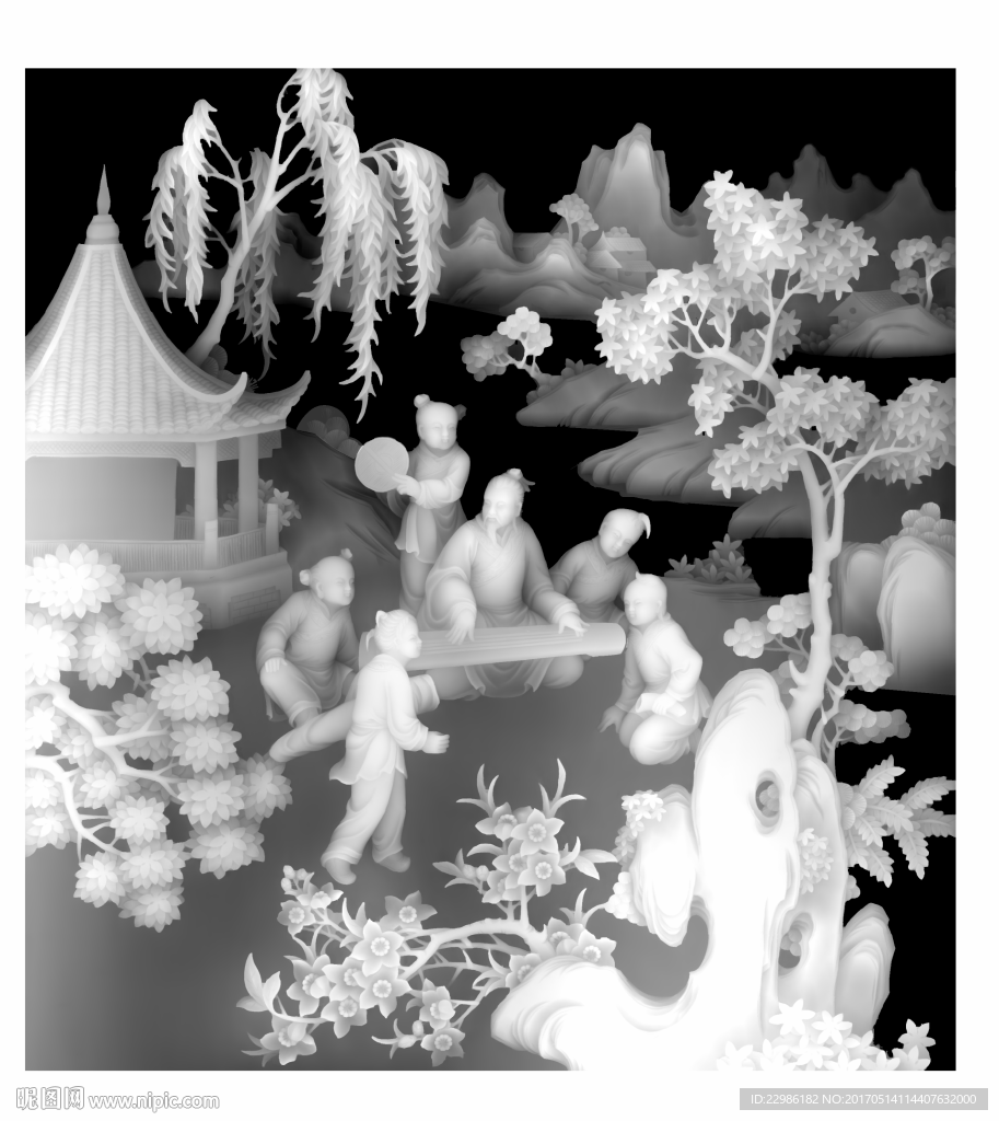 琴棋书画雕刻浮雕灰度图