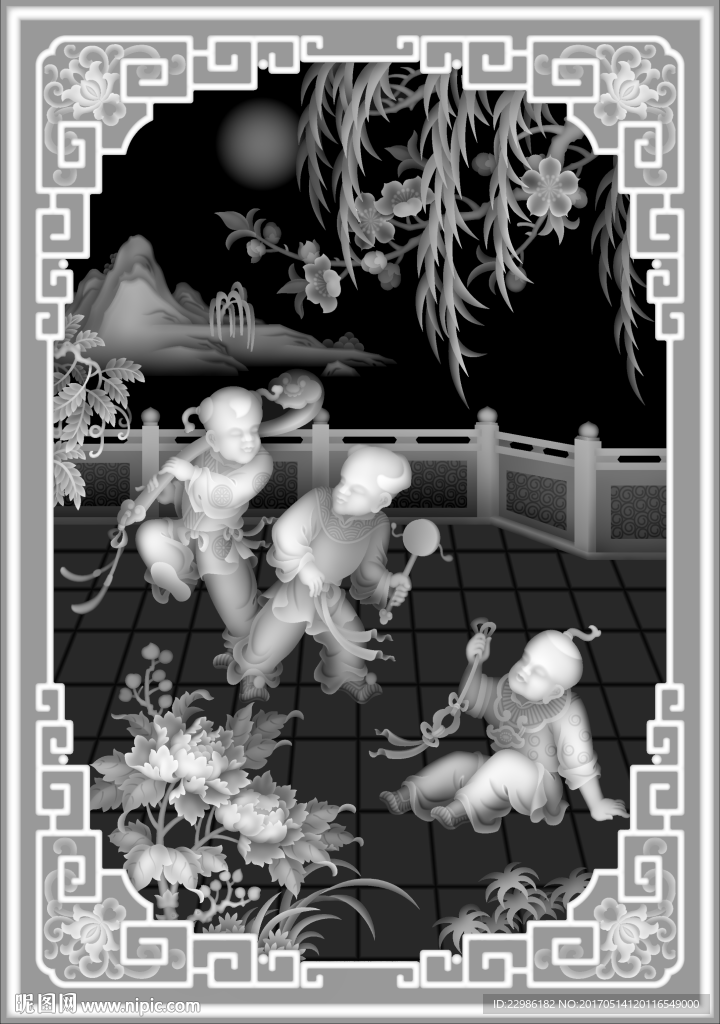 童子浮雕灰度精雕图