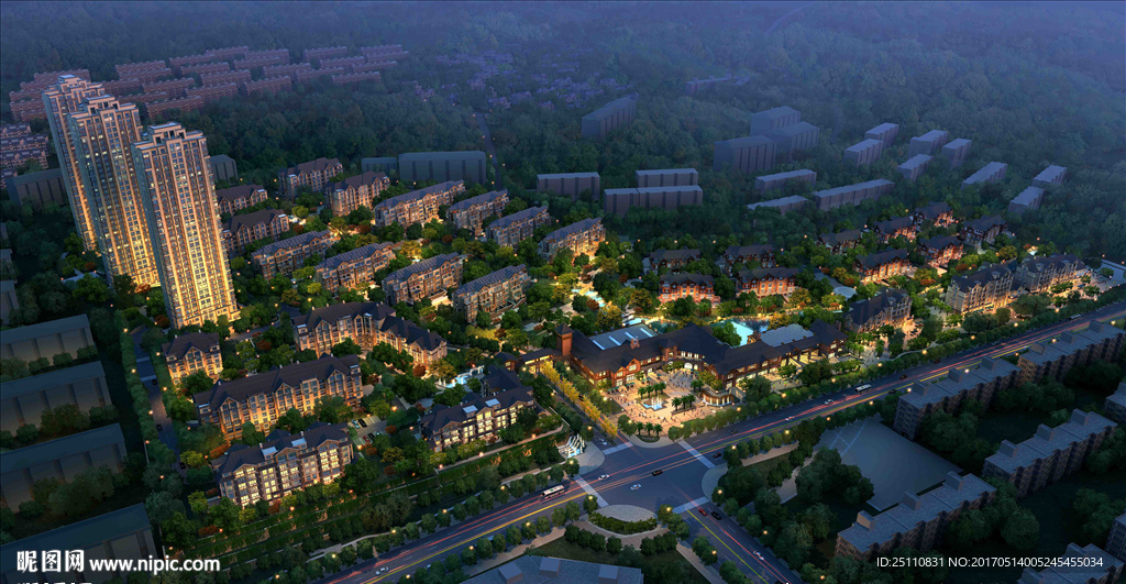 高层低层夜景图鸟瞰高清场景图