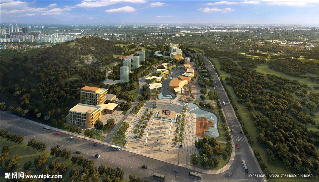 鸟瞰城市广场水景图