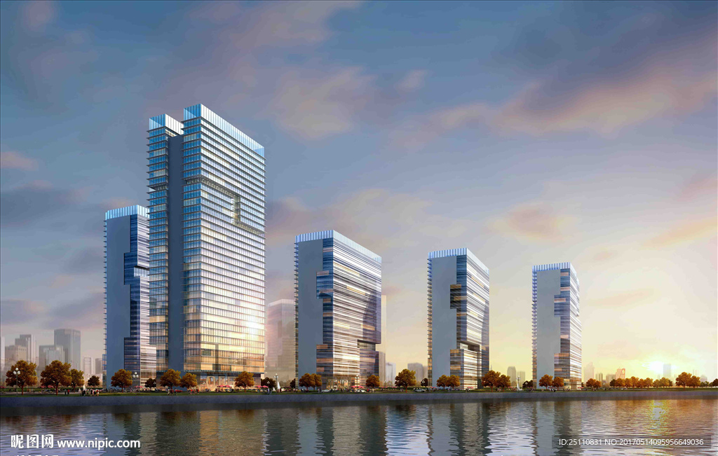 公建湖景建筑黄昏效果图
