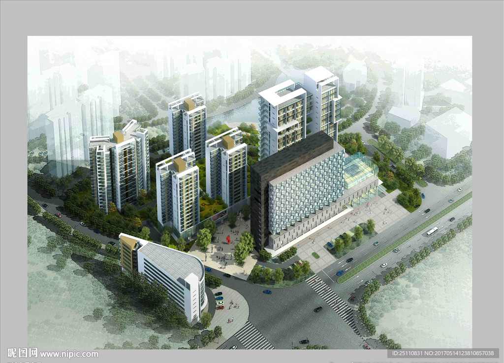 白墙面高层住宅设计道路景观图