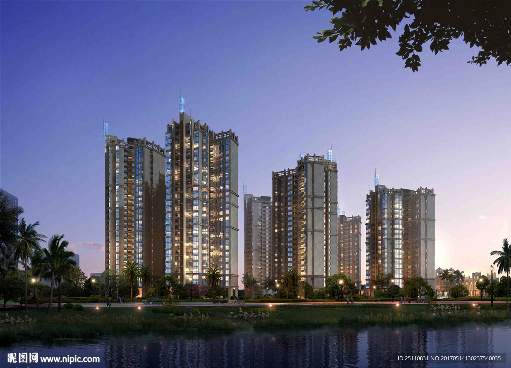 夜景河道景观湖景房护坡设计图