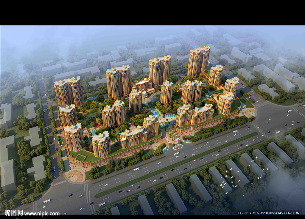 鸟瞰住宅小区水景喷泉景观图