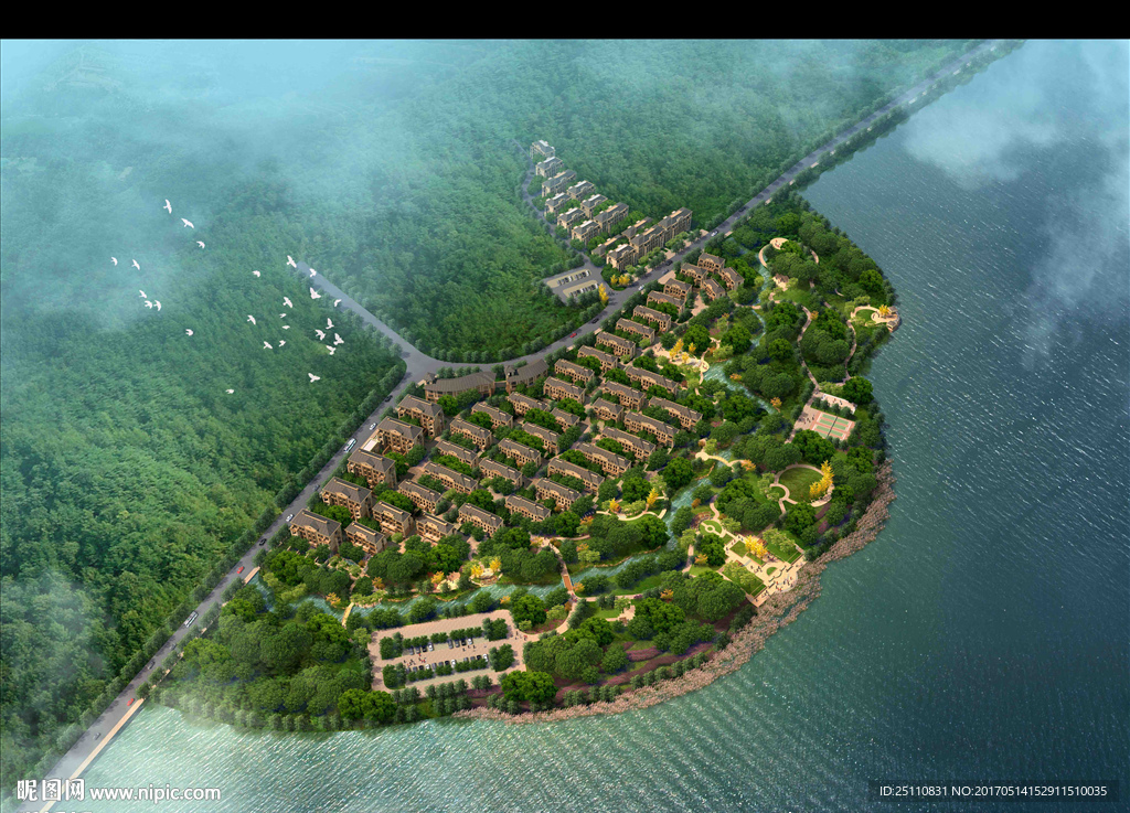 鸟瞰湖景房河道景观图
