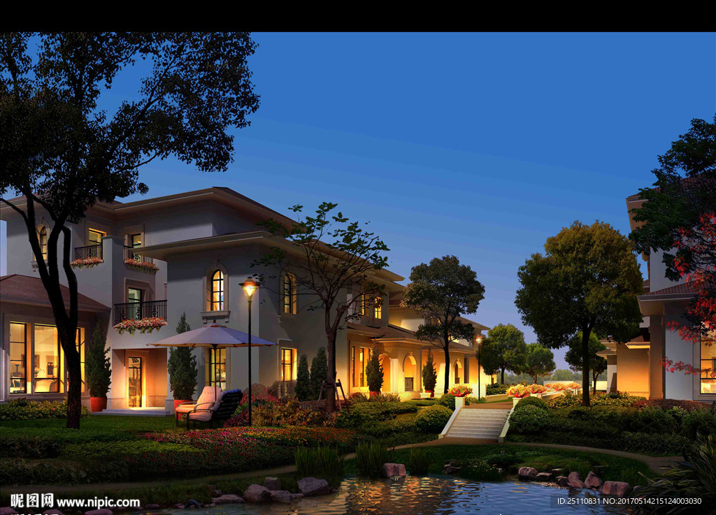 别墅水景内廷景观夜景图