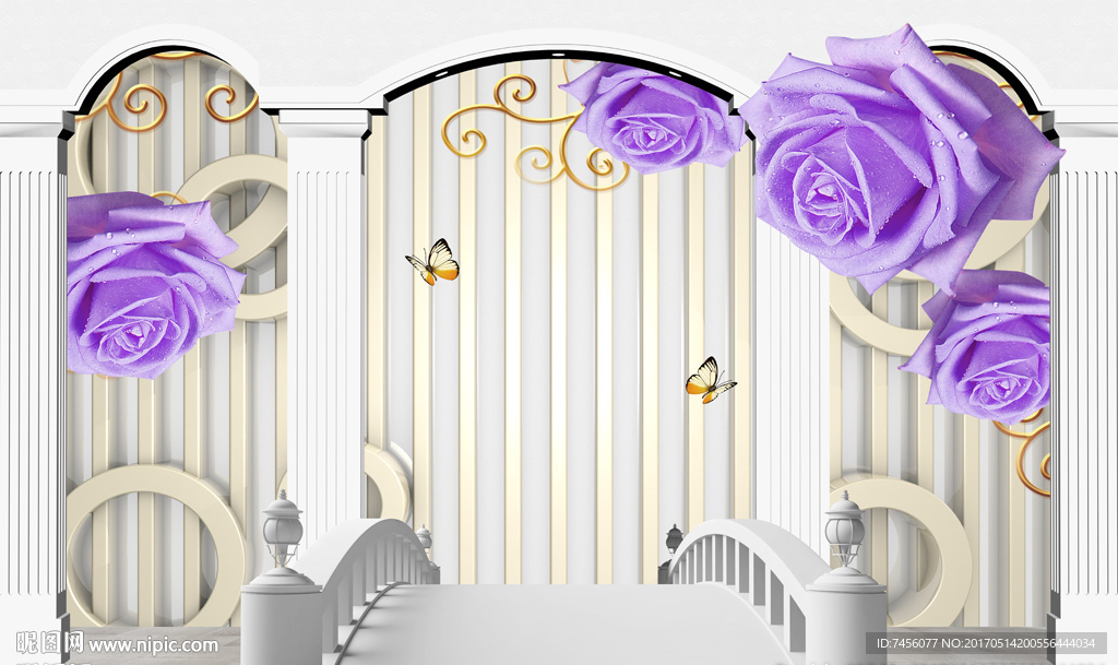 蝶恋紫色玫瑰花桥梁立体背景墙