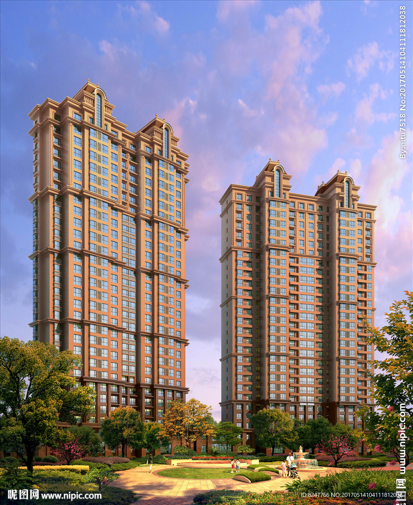 高层住宅内庭花坛景观建筑效果图