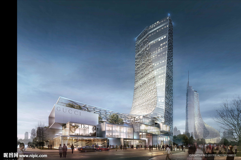 高层金融大厦夜景建筑效果图