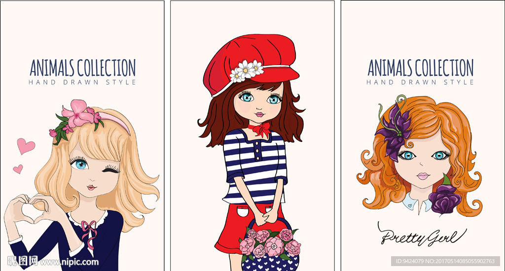 矢量手绘可爱卡通女孩人物插画