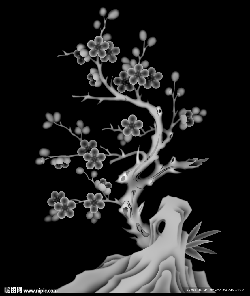 梅花花鸟精雕灰度图