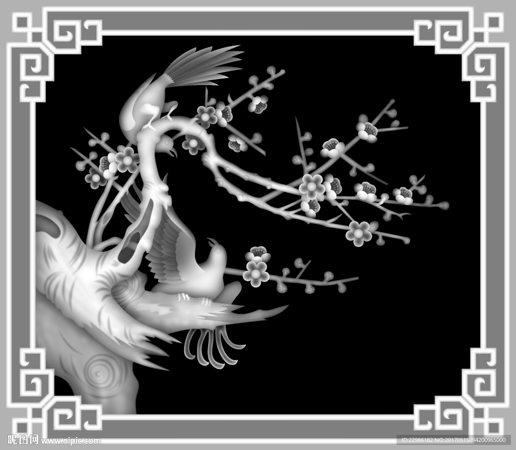 喜鹊梅花精雕灰度图