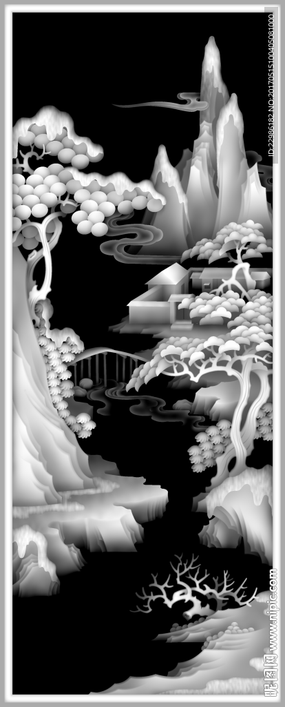 山水背板精雕灰度图