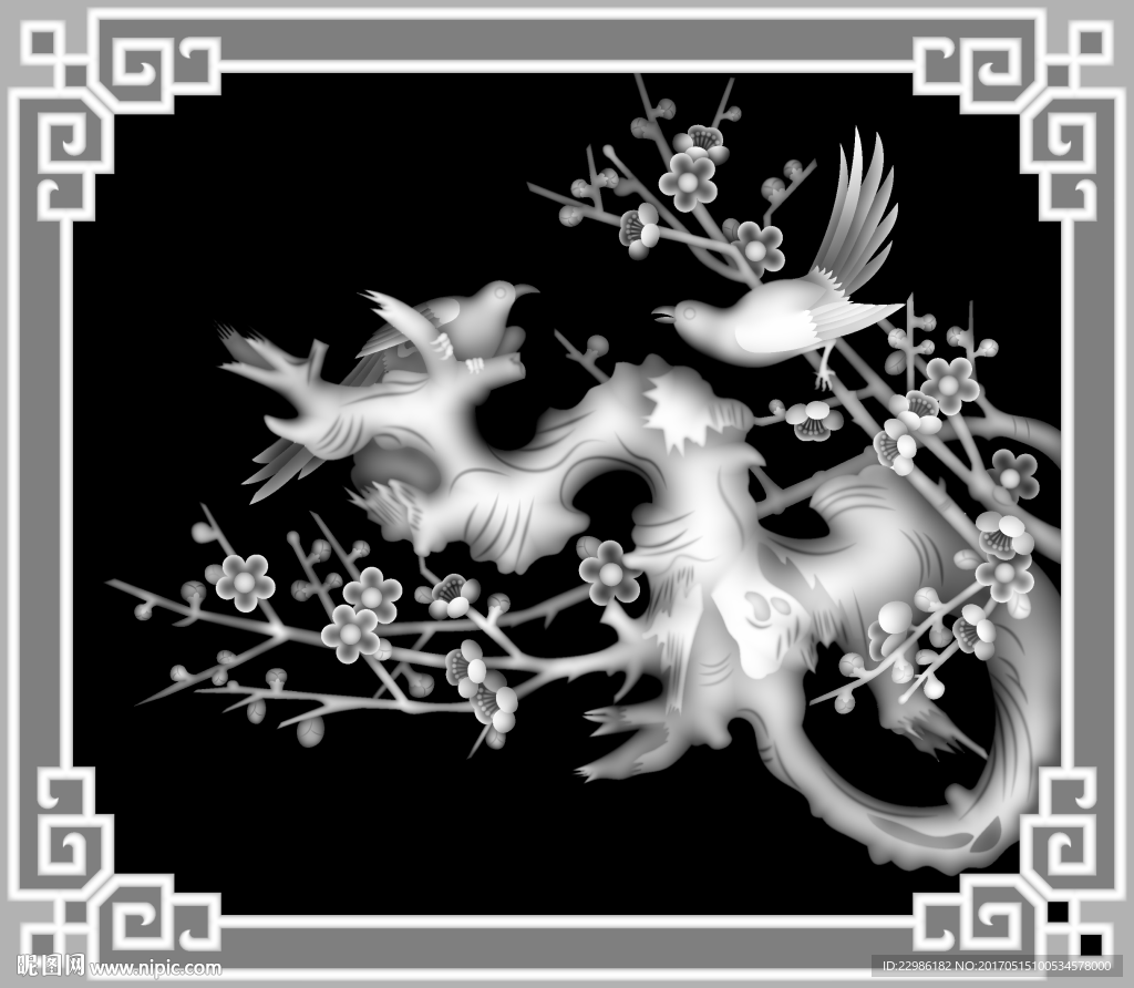 喜鹊梅花精雕灰度图