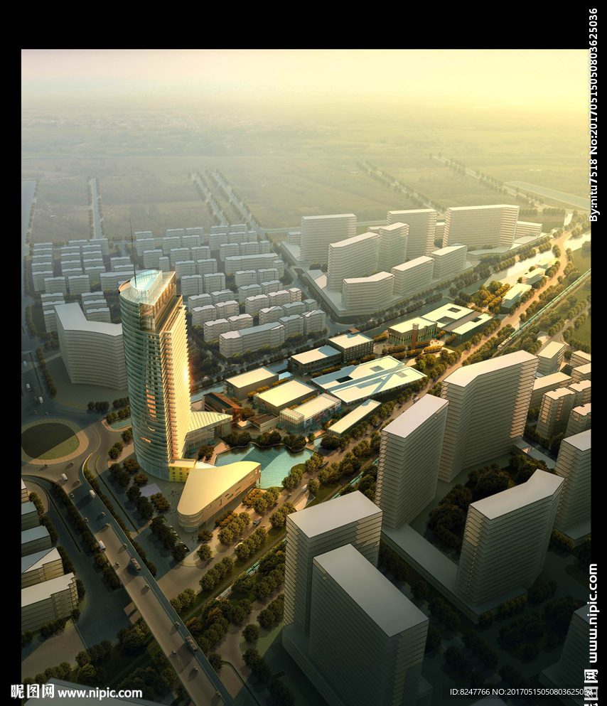 黄昏中的星级酒店鸟瞰建筑效果图