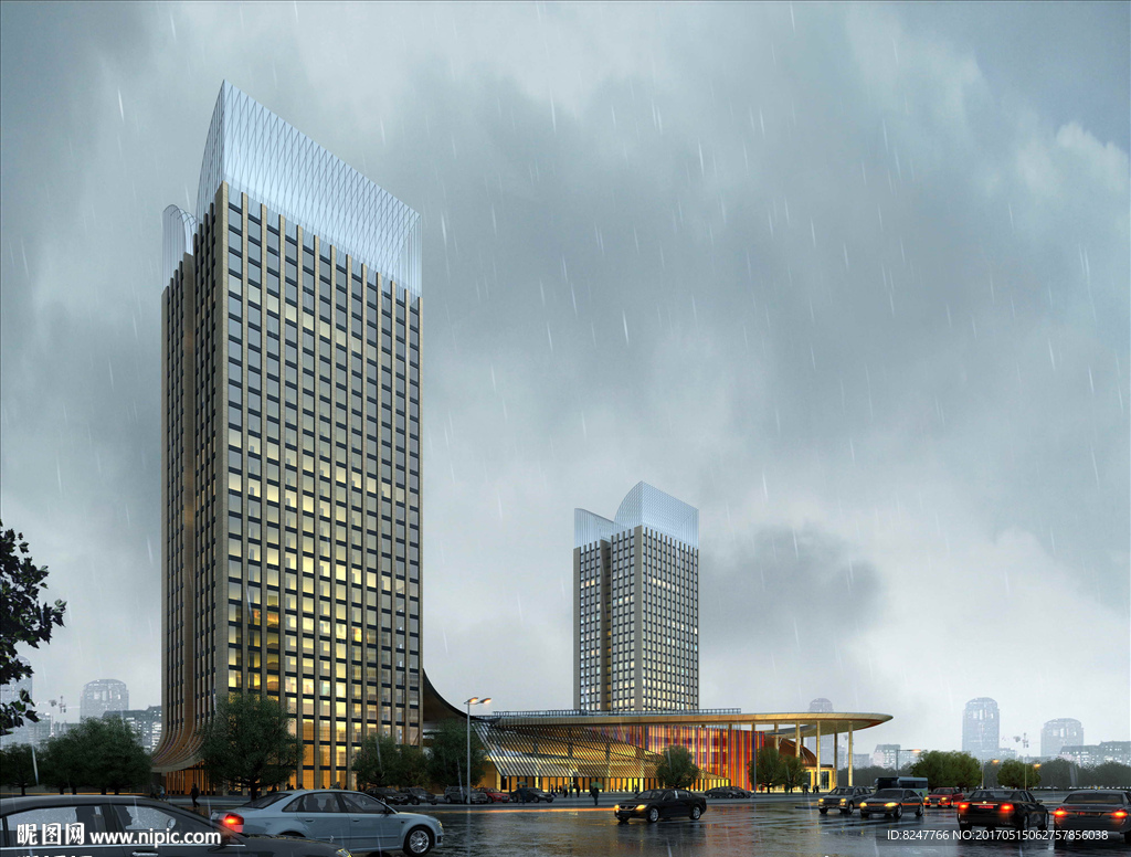 CBD商务中心雨天建筑效果图