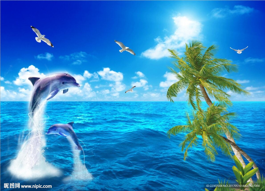 海豚椰子树风景图
