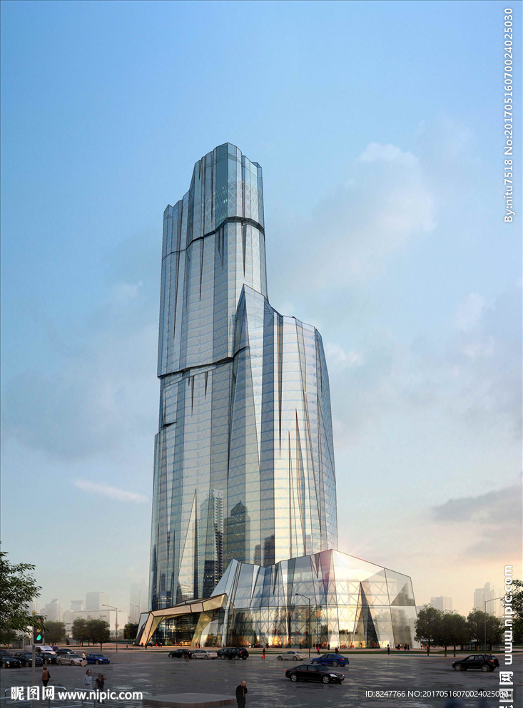 石头型玻璃体金融中心黄昏建筑