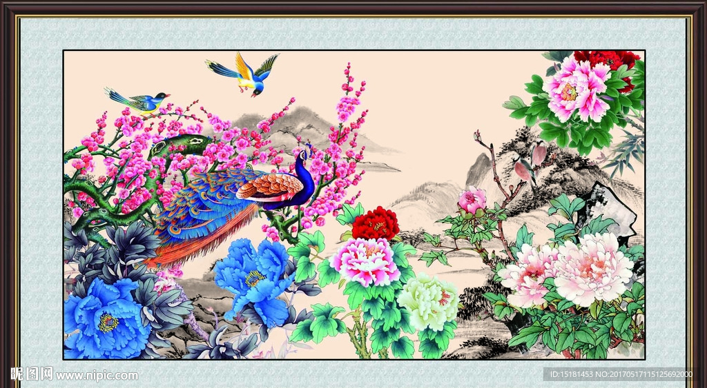 花开富贵孔雀图