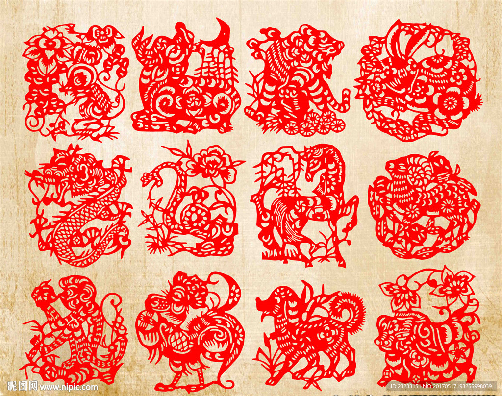 矢量十二生肖剪纸窗花窗贴玻璃贴