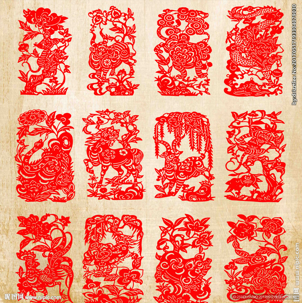 矢量十二生肖剪纸窗花窗贴玻璃贴