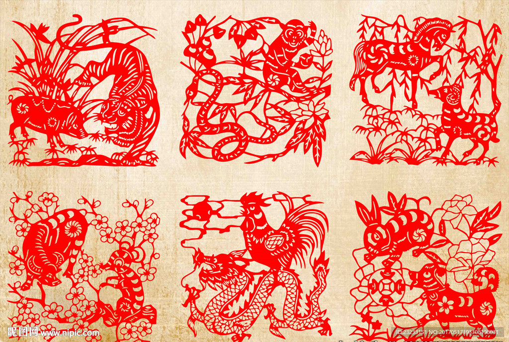 矢量十二生肖剪纸窗花窗贴玻璃贴