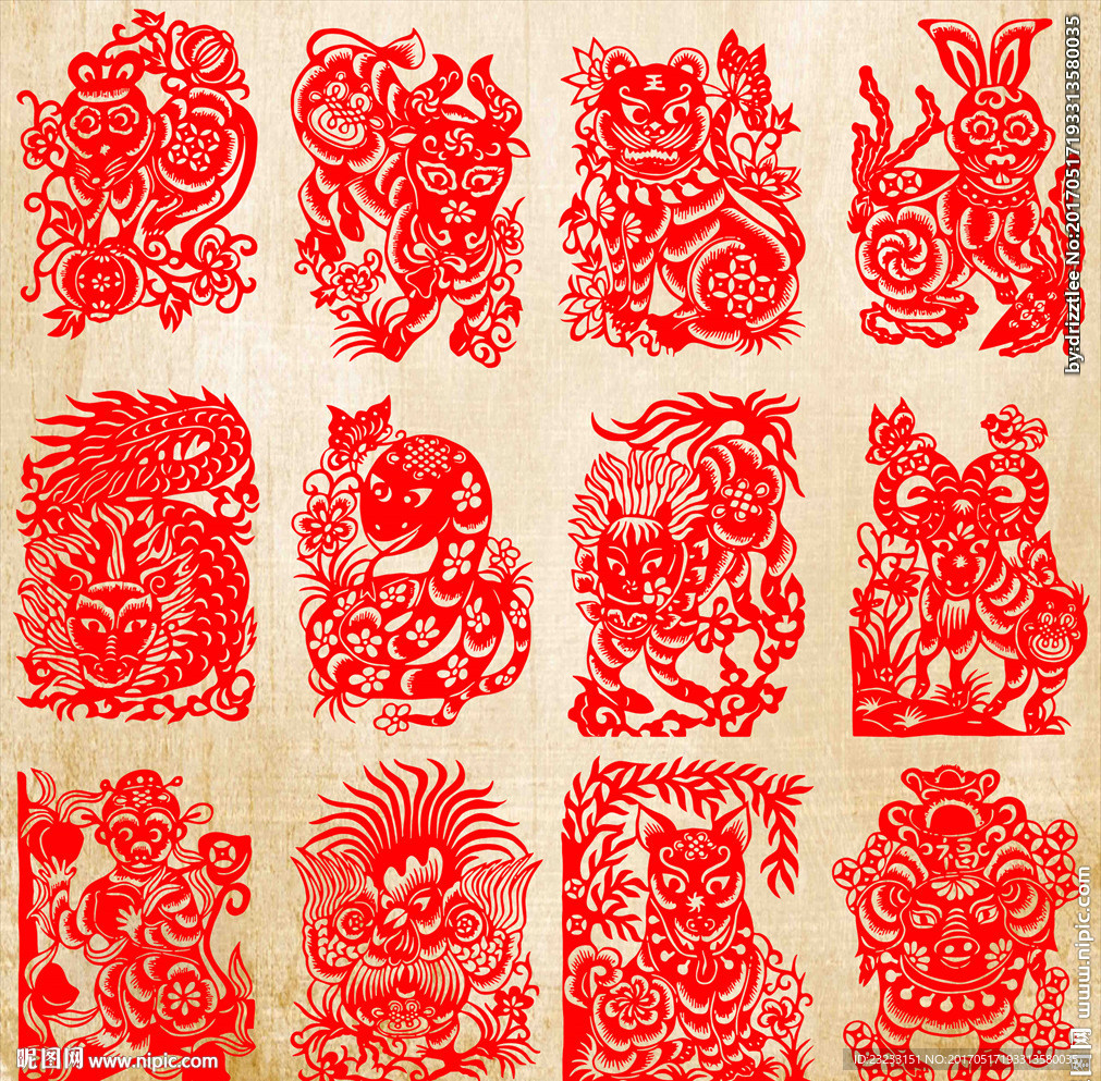 矢量十二生肖剪纸窗花窗贴玻璃贴