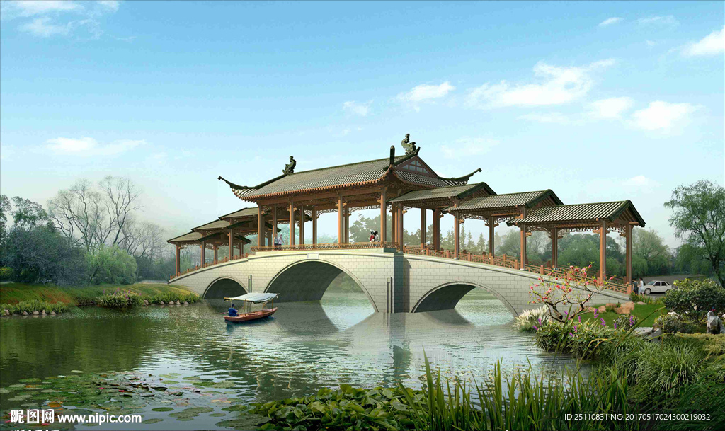 拱桥凉亭水景景观图