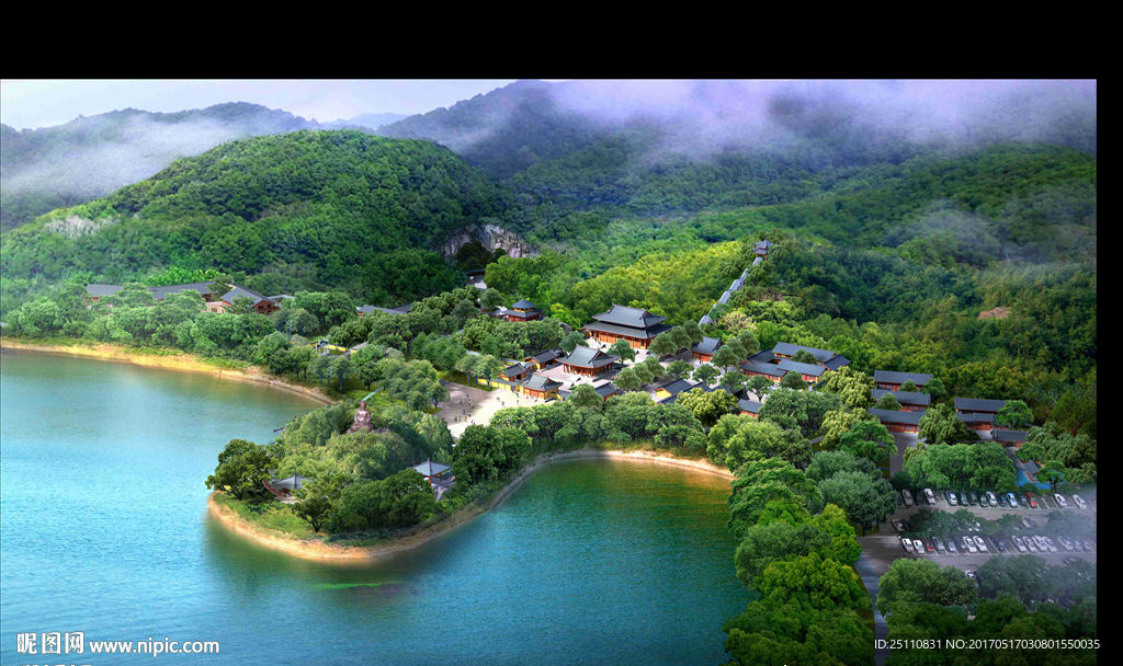 古寺旅游河道景观山体图