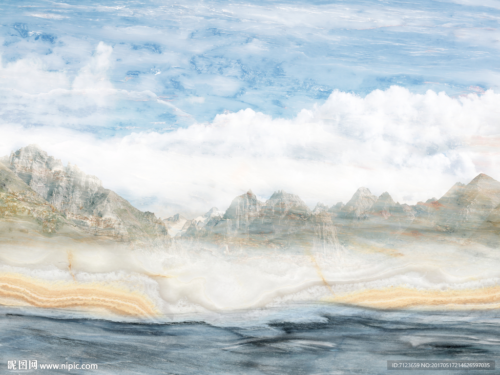 蓝天白云 山水石纹大理石背景墙