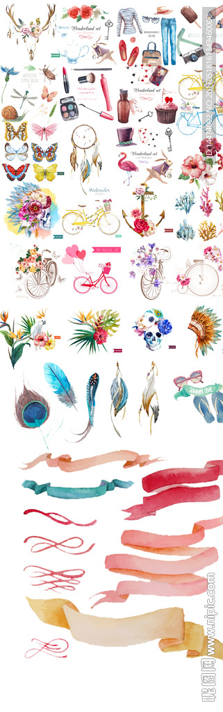 水彩花朵蝴蝶骷髅羽毛兔子自行车