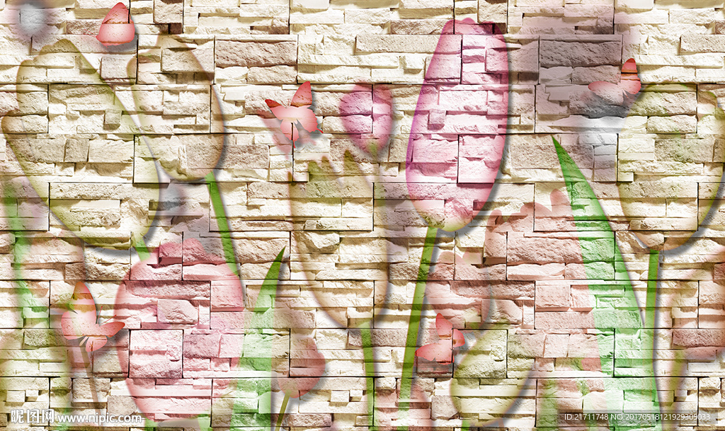 美丽花卉砖墙涂鸦电视背景墙
